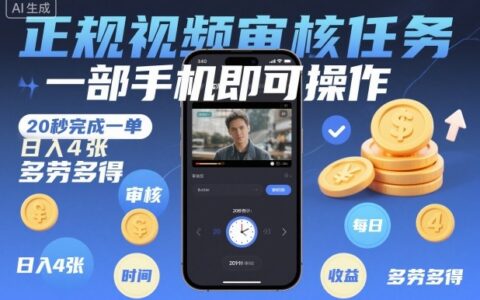 正規視頻審核任務，一部手機即可操作，20秒完成一單，日入4張，多勞多得【揭秘】